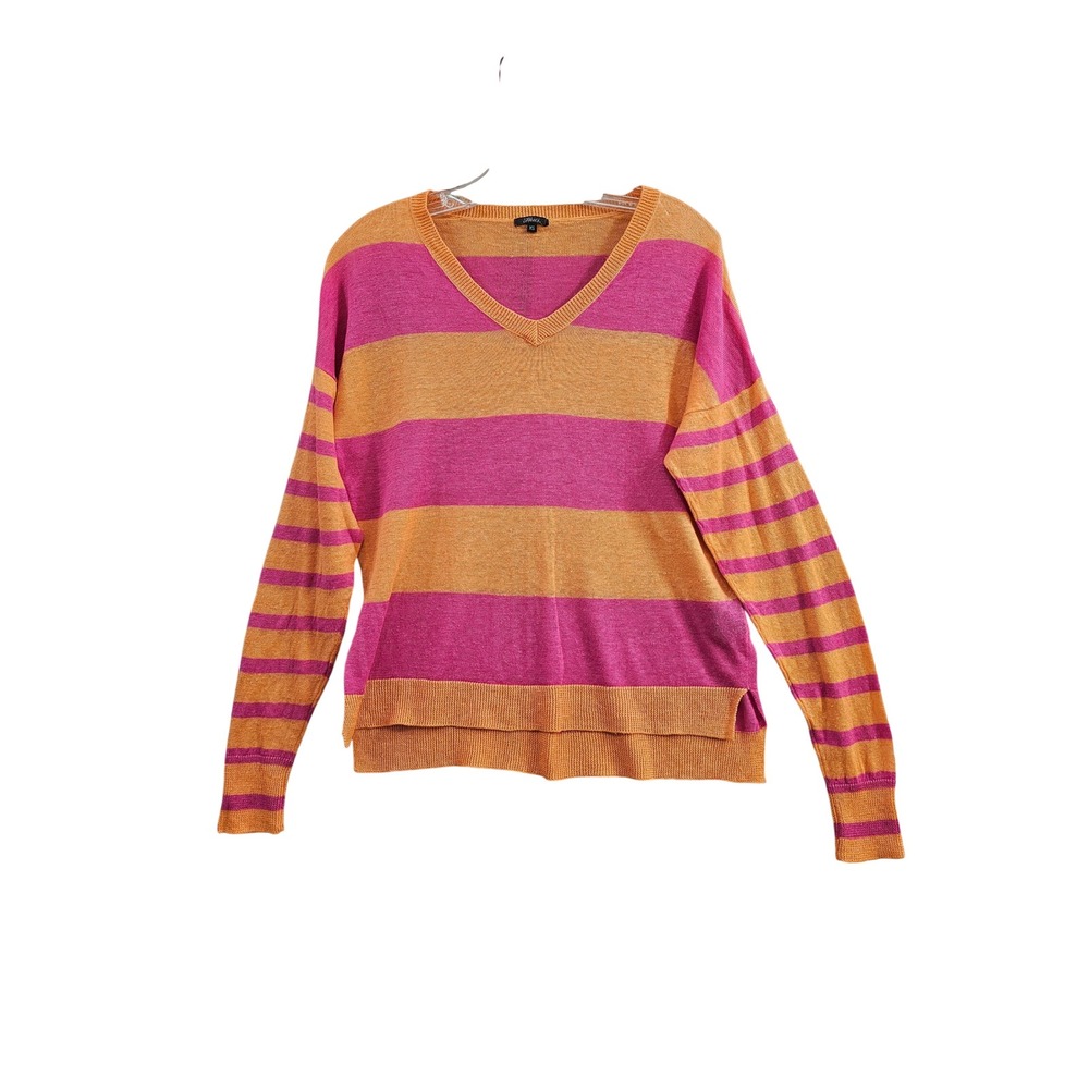 Pure Amici Sweater XS Orange Pink Striped V-Neck 100% Linen Lightweight Knit EUC